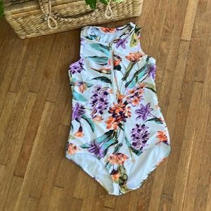 Stevie Hender one piece tropical print swimsuit with front zip